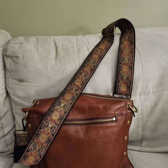 Embroidered Adjustable Guitar Strap For Purse - Black, Brown and Gold - Picture 8 of 10